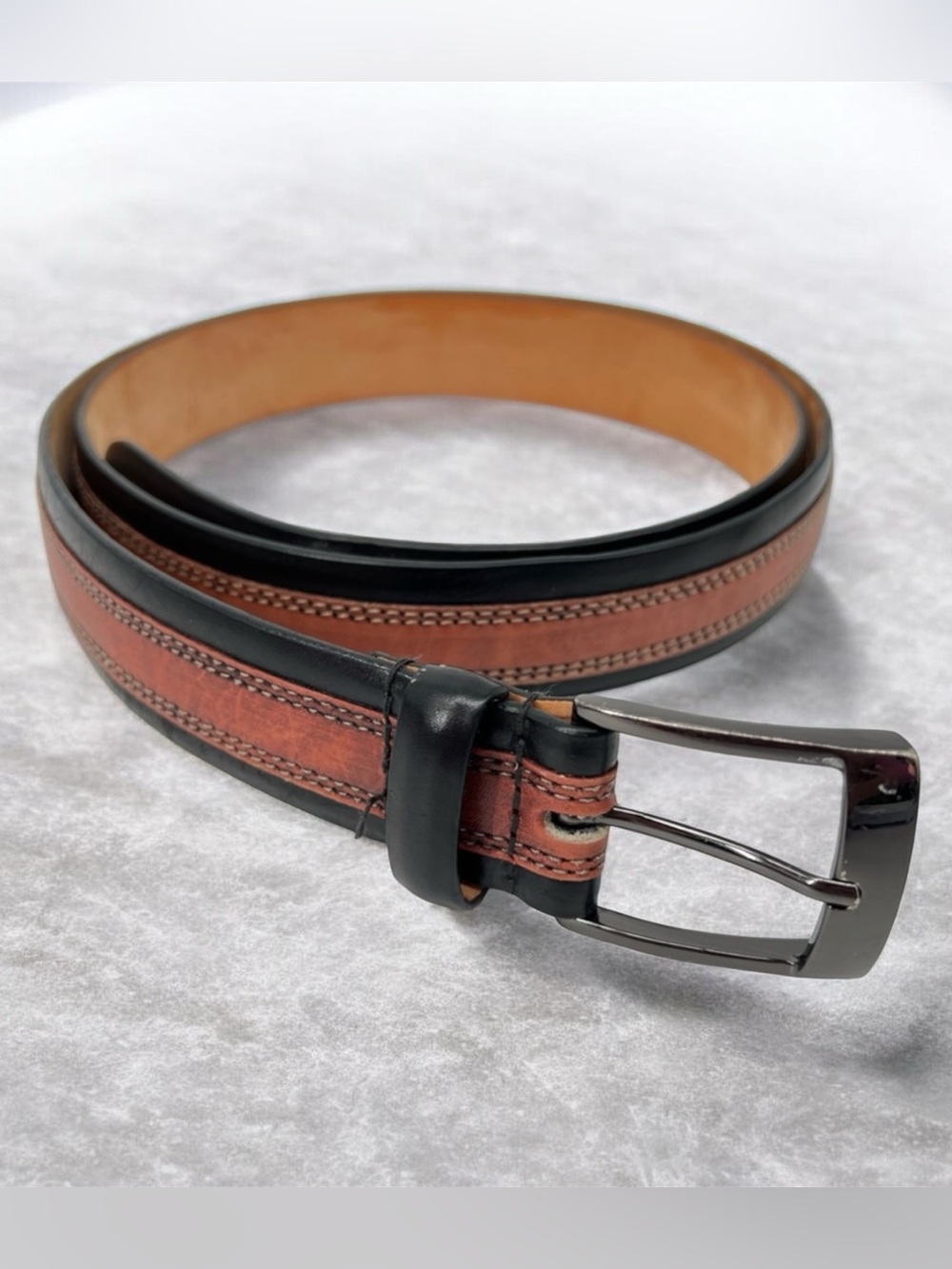 Two-Tone Brown Black Men’s Leather Belt with Polished Buckle 48 Paul Frederick
